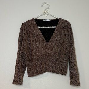 Mango Women Black and Gold Thread Long Sleeve V-neck Blouse